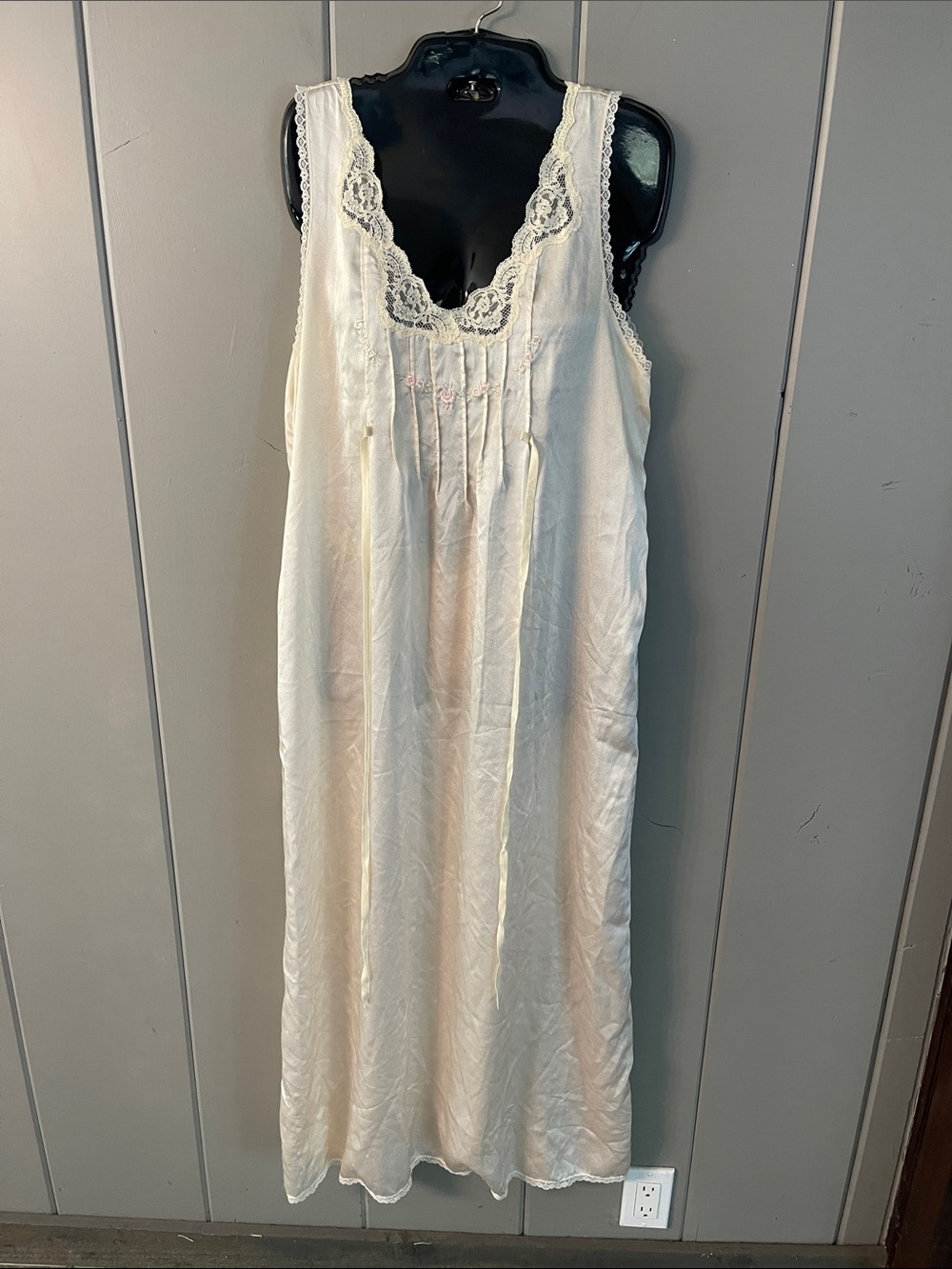 Vintage Barbizon Nightgown Beige Satin Lace Embroidered Romantic Cottage Fairy